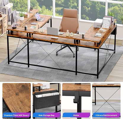 U Shaped Computer Gaming Desk, Reversible L Shaped Desk with Power Outlets, LED Strip & Monitor Stand, Large Corner Desk with Storage Shelves for Home Office, Rustic Brown