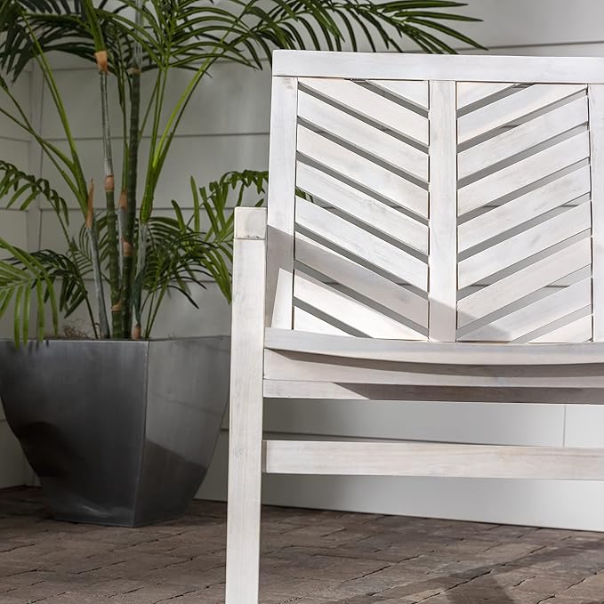 Walker Edison AZWC2VINWW Avalon Chevron Solid Acacia Wood Outdoor Chair, White Wash