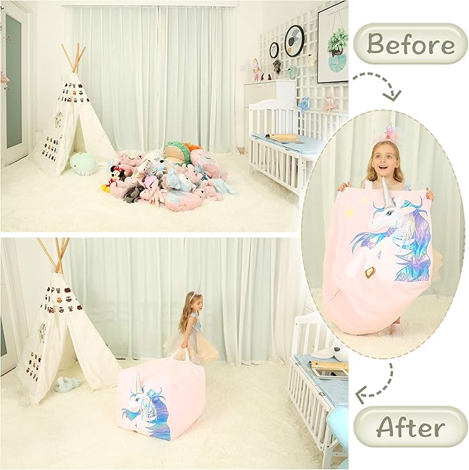 Kids Unicorn Bean Bag Chairs for Organizing Stuffed Animals, Girls Room Decorations Chair, Velvet Fabric Super Soft Large Size Cover Only