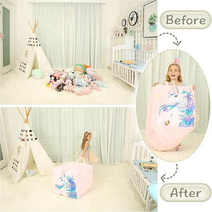 Kids Unicorn Bean Bag Chairs for Organizing Stuffed Animals, Girls Room Decorations Chair, Velvet Fabric Super Soft Large Size Cover Only