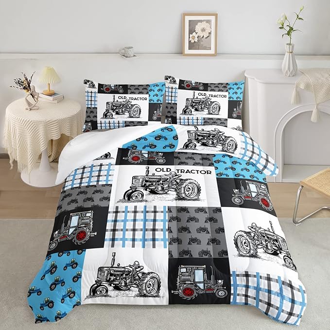 Axolotl Tractor Comforter Set Twin Size,Cartoon Truck Car Comforter Set for Boys,Farm Excavator Bedding Set with Old Tractor for Kids Boys Teens Adult All Season,1 Quilt 2 Pillowcases