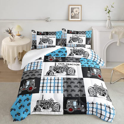 Axolotl Tractor Comforter Set Twin Size,Cartoon Truck Car Comforter Set for Boys,Farm Excavator Bedding Set with Old Tractor for Kids Boys Teens Adult All Season,1 Quilt 2 Pillowcases