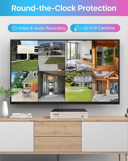 ZOSI 3K Lite 8CH H.265+ Home Security Camera System with AI Human/Vehicle Detection,Night Vision,5MP Lite 8 Channel CCTV DVR,4pcs 1080P 1920TVL 2MP Outdoor Indoor Surveillance Dome Cameras (No HDD)