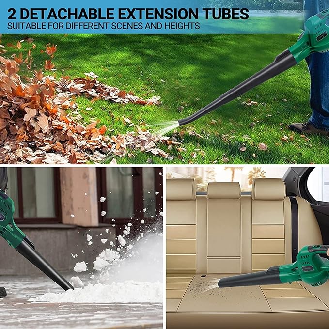20V Cordless Leaf Blower with Battery and Charger, Leaf Blower Battery Operated, Rechargeable Electric Handheld Leaf Blower Variable Speed with 2 Tubes for Patio, Leaves Blowing-Green