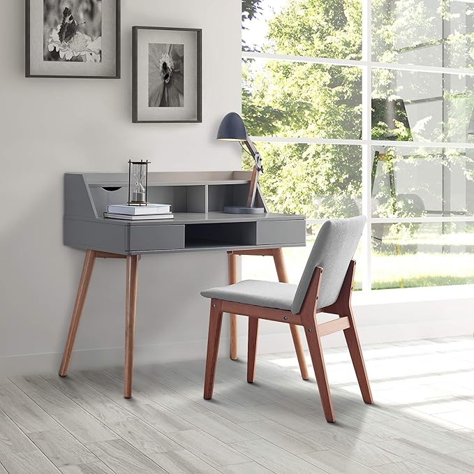 Teamson Home Creativo Writing Study Computer Desk with Solid Wood Legs, Storage Drawers and Open Shelves Hutch for Home Office Living Room Reading Bedroom, 37 inch Height, Gray