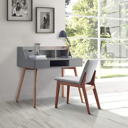 Teamson Home Creativo Writing Study Computer Desk with Solid Wood Legs, Storage Drawers and Open Shelves Hutch for Home Office Living Room Reading Bedroom, 37 inch Height, Gray