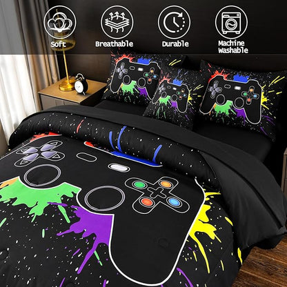 DORCAS Twin Size Gamer Comforter Set with Sheets for Boys,Game Console Black Bedding Set for Kids,6 Pieces Bedding Set Boys Colorful Graffiti Gaming Comforter,Sheets,Pillowcases (Black, Twin)