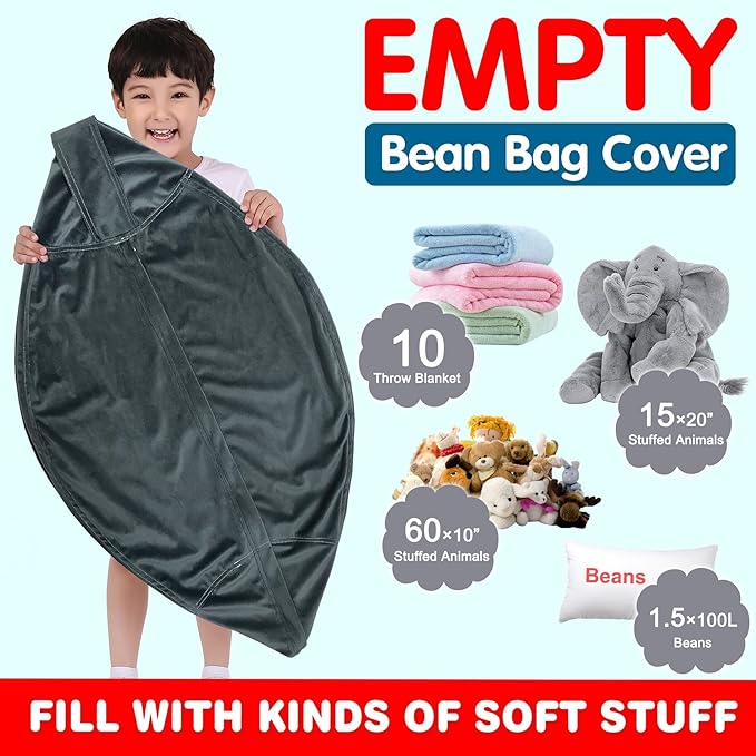 Lukeight Stuffed Animal Storage Bean Bag Chair Cover for Kids, Zipper Beanbag Chair Cover for Organizing Toddler & Kids' Rooms Plush Toys (Dark Gray Velvet, Large)