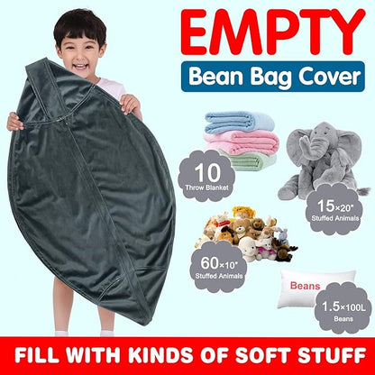 Lukeight Stuffed Animal Storage Bean Bag Chair Cover for Kids, Zipper Beanbag Chair Cover for Organizing Toddler & Kids' Rooms Plush Toys (Dark Gray Velvet, Large)