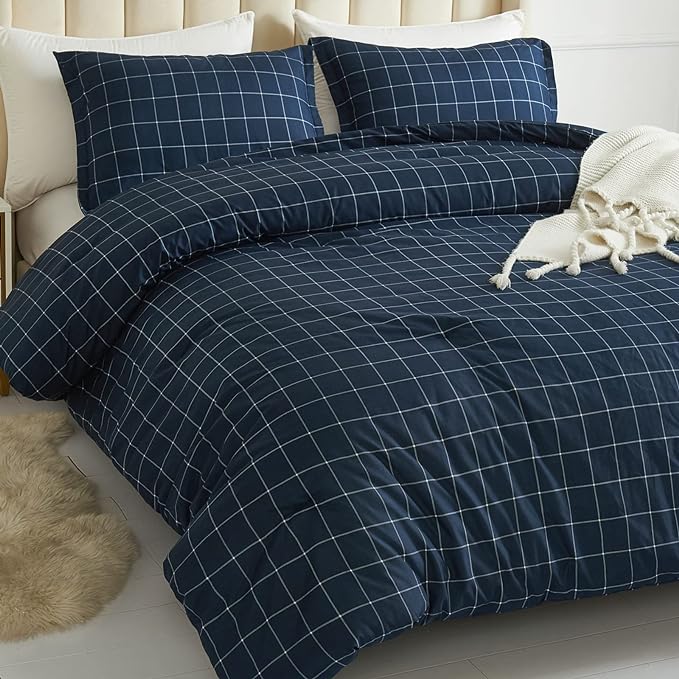 Andency Navy Grid Comforter Set Twin Size (66x90 Inch), 2 Pieces(1 Grid Comforter and 1 Pillowcase), Summer Lightweight Microfiber Down Alternative Navy Comforter with White Lines for Kids Girls