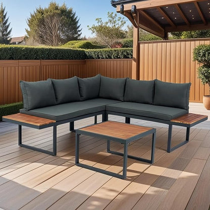 4 Piece Outdoor Patio Furniture Wicker L-Shaped Sectional Sofa Set with Built-in Side Table&Wood TeaTable, 5-Seater Seating Group Couch, for Garden Backyard, Dark Grey Cushion