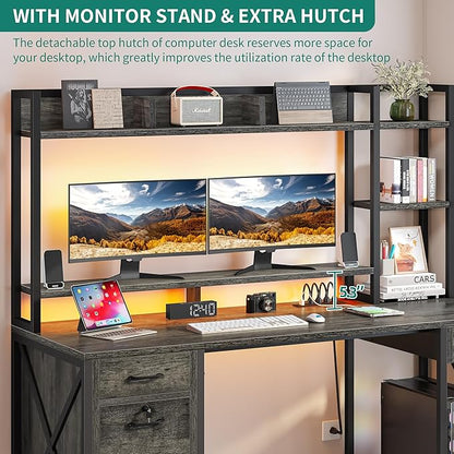 YITAHOME Computer Desk with Drawers & Hutch, 59.1" Office Desk with LED Lights & Power Outlets, Gaming Desk with Monitor Stand & Storage Shelves, Grey