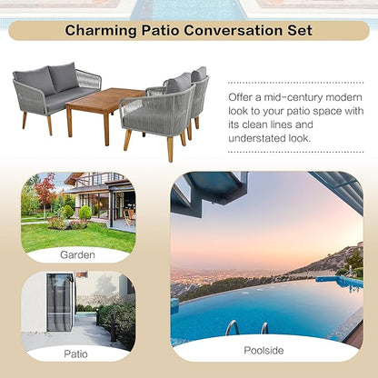 4-Piece, Outdoor Furniture with Loveseat, 2 Chairs and Table, Patio Conversation Set Deep Seating with Thick Backyard Porch Balcony, Zh-Dark Grey Cushion + Grey Rope