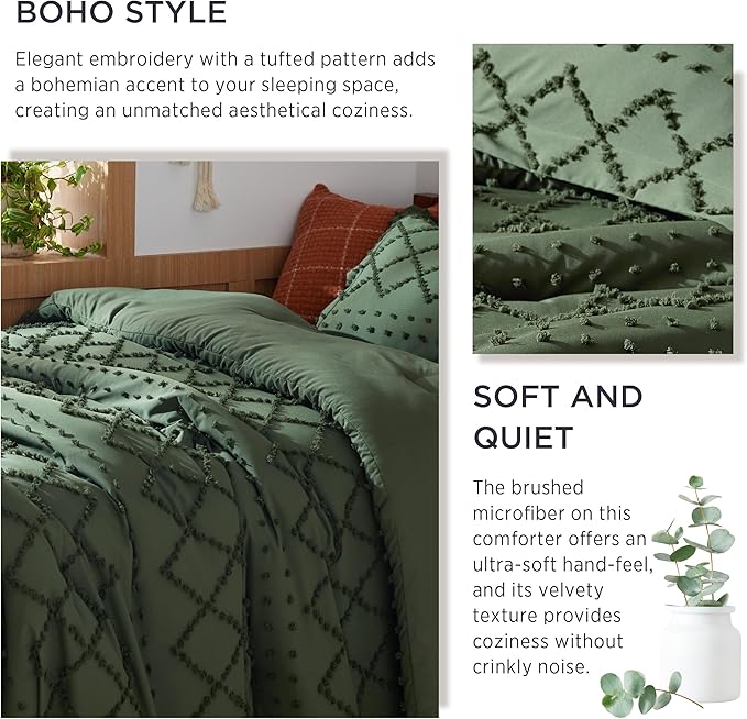 Bedsure Twin/Twin XL Comforter Set - Olive Green Boho Twin Extra Long Comforter Set for College, Shabby Chic Dorm Bedding Set, 2 Pieces Modern Farmhouse Bed Set, includes 1 Pillow Sham