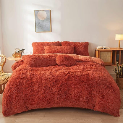 Fluffy Orange Comforter Cover Set Queen - Ultra Soft Plush Burnt Orange Bedding Sets 3 Pieces (1 Faux Fur Duvet Cover + 2 Faux Fur Pillow case) Boho Orange Queen Bed Sets (Dark Orange, Queen)