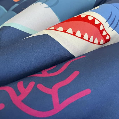 Boys Sharks Comforter Set Full Size 7 Piece Cute Ocean Animal Jellyfish 3D Printed Bedding Set Bed in A Bag for Kids Girls Teens Lightweight Soft Bed Set All Seasons Navy Blue