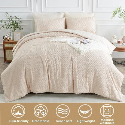 Queen Size Kids Comforter Set for Girls 7 Piece Beige Boho Tufted Kids Bedding Set for Boys Bed in A Bag Quilt Set with 1 Comforter,1 Flat Sheet, 1 Fitted Sheet, 2 Pillowcase and 2 Pillow Sham