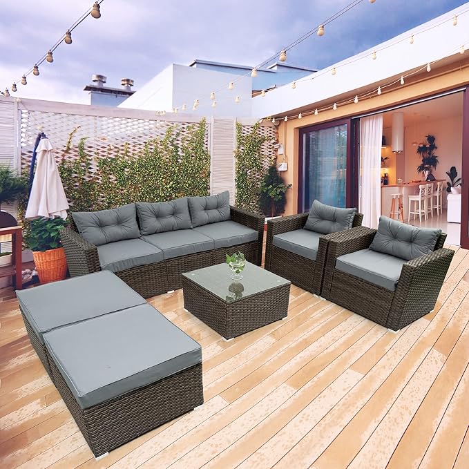 6-Piece Outdoor Rattan Patio Furniture Set, Wicker Sectional Sofa with Removeable Cushions and Tempered Glass Table Top, Conversation Couch for Garden Yark Lawn Backyard, Onesize, Brown