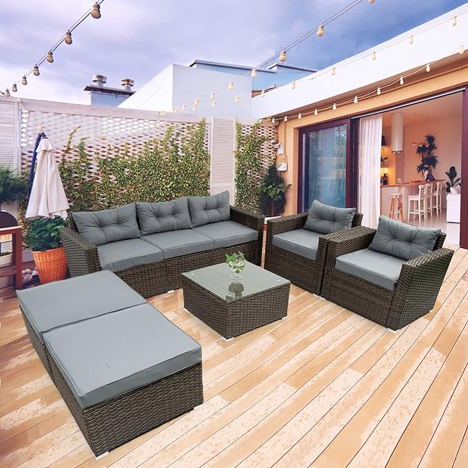 6 Piece Patio Outdoor Furniture Rattan Wicker Conversation Sofa Set with Removeable Cushions and Tempered Glass Table Top for Garden Yark, Lawn, Backyard, Brown