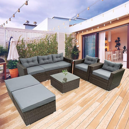 6 Piece Patio Outdoor Furniture Rattan Wicker Conversation Sofa Set with Removeable Cushions and Tempered Glass Table Top for Garden Yark, Lawn, Backyard, Brown
