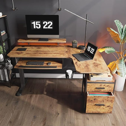 EUREKA ERGONOMIC Standing Desk with Keyboard Tray, Computer Desk, 61" L Shaped Electric Adjustable Height Desk w Monitor Stand LED, Corner Sit Stand Desk Gaming Desk, Dual Motor,Right/Rustic Brown