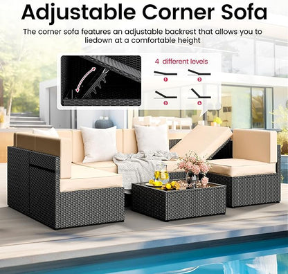 Pamapic Outdoor Rattan Sectional Sofa Conversation Set,7 Pieces Patio Furniture with Tea Table and Washable Cushions, Cream