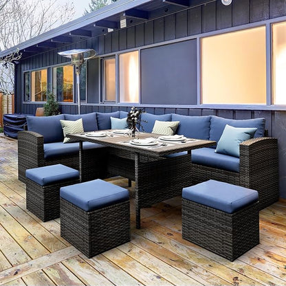 Solaste 7 Piece Outdoor Patio Furniture Set, Outdoor Sectional PE Rattan Patio Conversation Sofa with All Weather Dining Table Chair Set, Blue