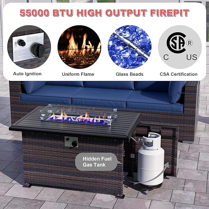 Patio Furniture Sectional Sofa Set 11PCS PE Rattan Swivel Rocking Chairs Patio Conversation Set w/43in Gas Fire Pit Table, Outdoor Furniture with 55000 BTU Propane Fire Pit, Navy Blue