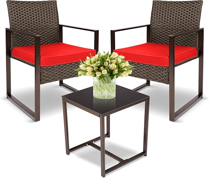 YIYAN 3 Pieces Outdoor Furniture Set Patio Rattan Wicker Chairs & teatable,Lawn Garden Balcony Backyard,with Washable Cushion (Red)