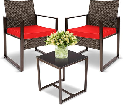 YIYAN 3 Pieces Outdoor Furniture Set Patio Rattan Wicker Chairs & teatable,Lawn Garden Balcony Backyard,with Washable Cushion (Red)