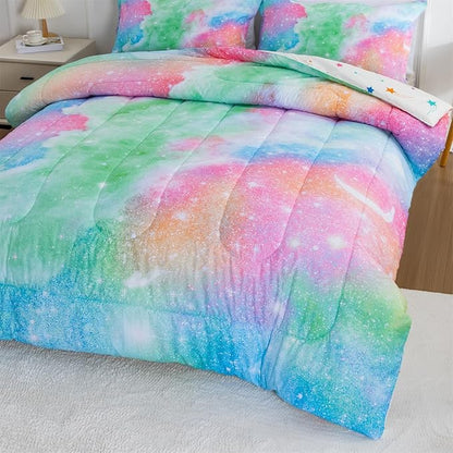 A Nice Night Galaxy Bedding Sets Outer Space Comforter 3D Printed Space Quilt Set Full Size Glitter Pink Green Color,for Children Boy Girl Teen Kids