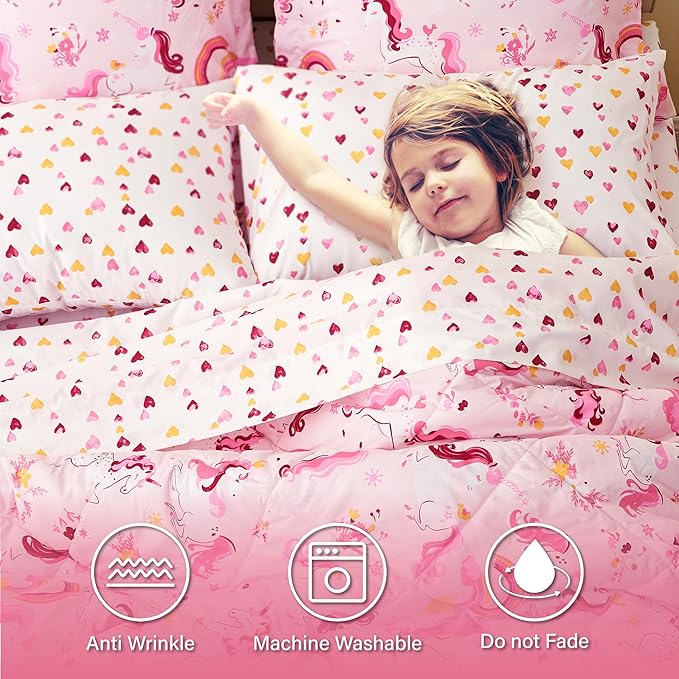 Twin Unicorn Kids Bedding Set for Girls, 7 Pieces Super Soft Lightweight Microfiber Comforter Set with Sheets, Bed in a Bag, Durable Children Bed Set