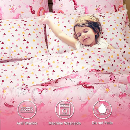 Twin Unicorn Kids Bedding Set for Girls, 7 Pieces Super Soft Lightweight Microfiber Comforter Set with Sheets, Bed in a Bag, Durable Children Bed Set