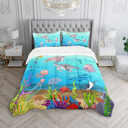 Turtle Comforter Set Full Ocean Watercolor Sea Turtle Bedding Set Tropical Fish Marine Life Bed Set with 2 Pillowcases for Kids Room Decor