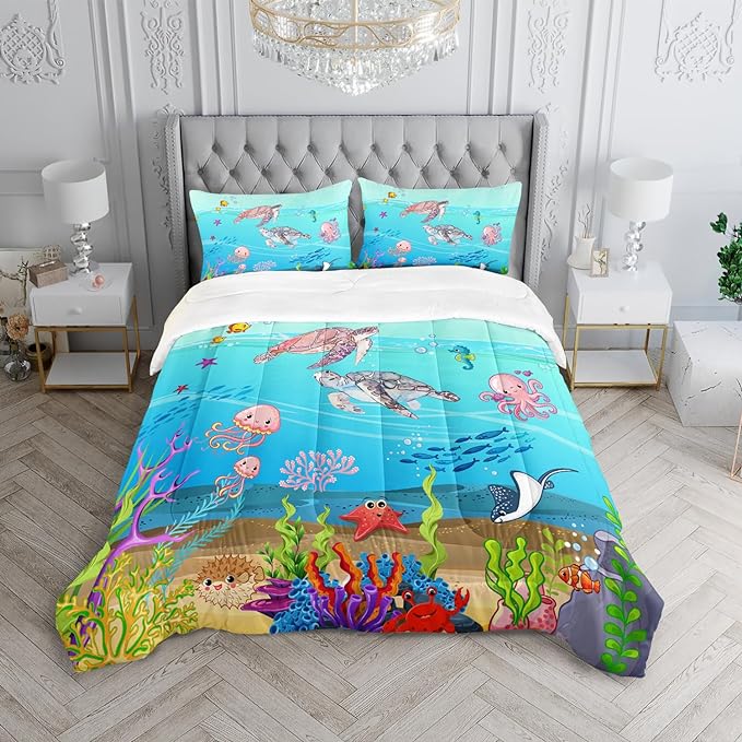 Turtle Comforter Set Twin Ocean Watercolor Sea Turtle Bedding Set Tropical Fish Marine Life Bed Set with 2 Pillowcases for Kids Room Decor