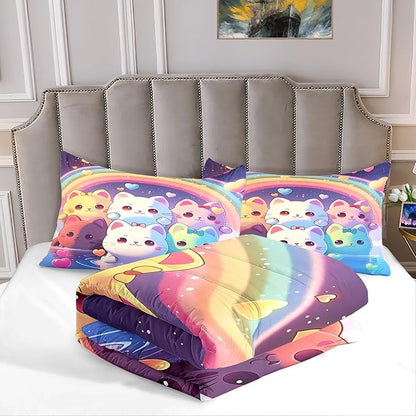 Rainbow Cat Comforter Full Size - Rainbow Cat Bedding for Girls Room Cute Cartoon Rainbow Bedding Full Comforter Sets for Kids, 1 Comforter+2 Pillowcases