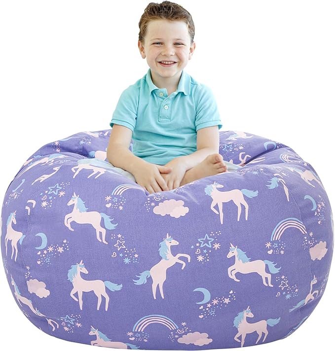 Aubliss Stuffed Animal Storage Bean Bag, Unicorn Bean bag Chair, Stuff 'n Sit for Kids, Large 38"-Canvas Unicorn Blue