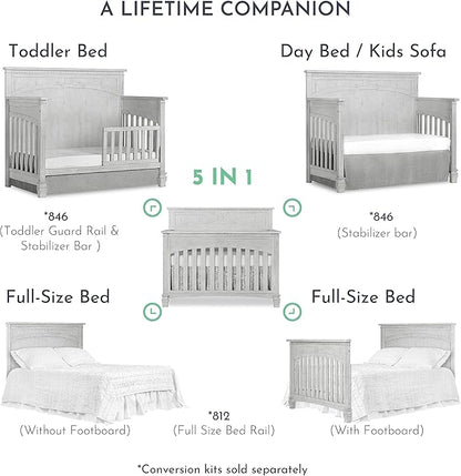 Evolur Santa Fe 5-in-1 Convertible Crib in Antique Mist, Greenguard Gold Certified, Features 3 Mattress Heights, Wooden Nursery and Bedroom Furniture, Baby Crib