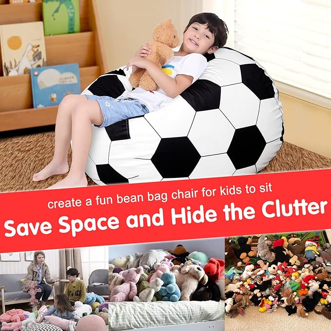 Lukeight Stuffed Animal Storage Bean Bag Chair Cover for Kids, Soccer Zipper Beanbag Chair Cover for Organizing Toddler & Kids' Rooms Plush Toys (Soccer Velvet, XX-Large)