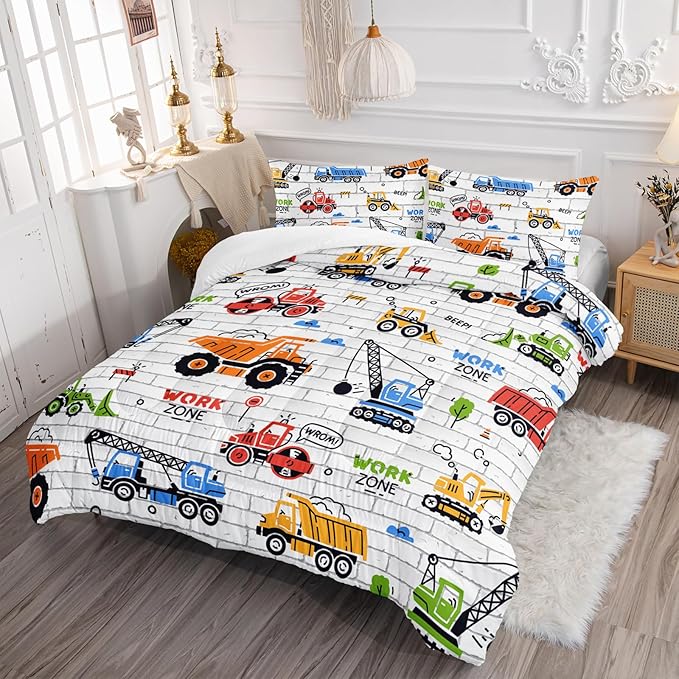 Axolotl Construction Comforter Set Twin,Excavator Bedding Set,Construction Vehicles Comforter Set,Excavator Comforter,Excavator Tractor Trucks Bedding Set for Kids Boys Teens,1 Quilt 2 Pillowcases