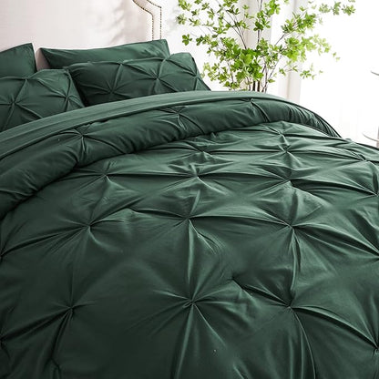 Ubauba 7pc Dark Green Full Size Comforter Set with Sheets, Emerald Green Pinch Pleating Bed in a Bag with Comforter 7 Piece Set, All Season Pintuck Bedding Sets (Green,Full)