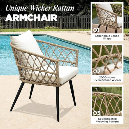 Heavy Duty 500lbs Weight Capacity Bistro Table and Chairs Set of 2 with Olefin Fabric Soft Cushions, Metal Wicker Armchairs Design