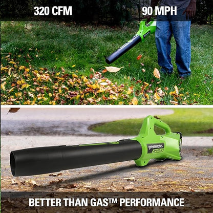 Greenworks 24V (90 MPH / 320 CFM / 125+ Compatible Tools) Cordless Axial Leaf Blower, 2.0Ah Battery and Charger Included