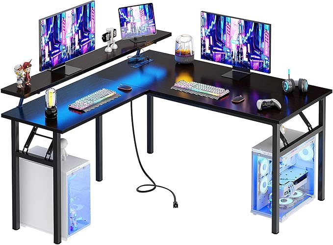 DlandHome Reversible L-Shaped Desk with Monitor Stand,LED Lighting Computer Desk with Power Outlets,Home Office Table Computer Workstation, Black