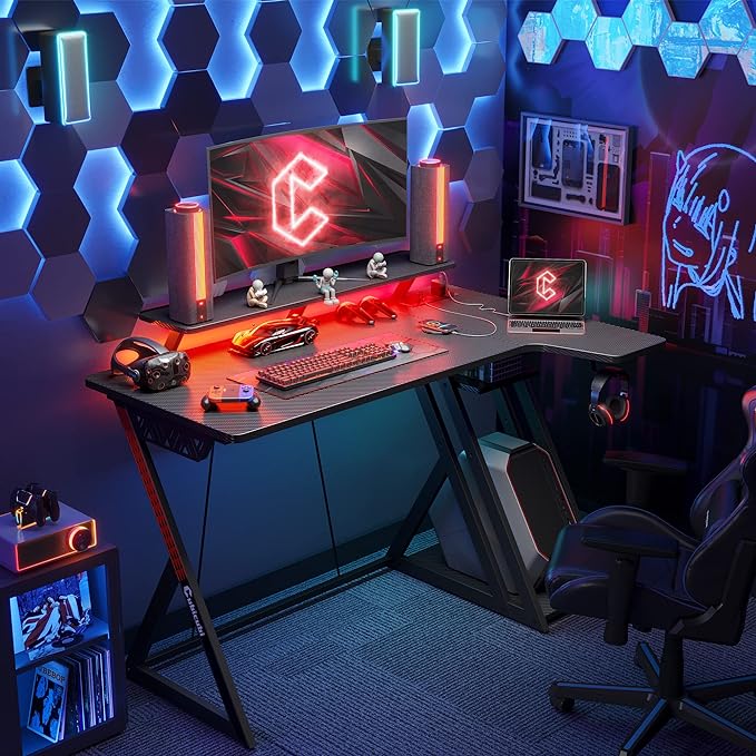 CubiCubi Aurora Gaming Desk with LED Lights & Power Outlets, 40 Inch L Shaped Carbon Fiber Surface Desk with Storage Shelves, Small Corner Computer Desk with Monitor Shelf, Gamer Desk PC Table, Black
