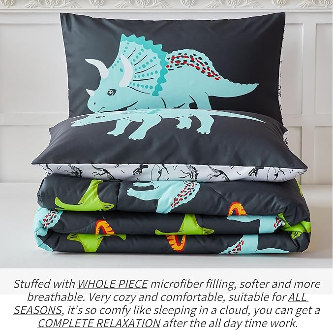 RYNGHIPY Dinosaur Bedding Set Twin Size Dinosaur Kids Comforter Set for Boys Girls Soft Breathable Cute Dinosaur Bed Set for All Season (Black,Twin)