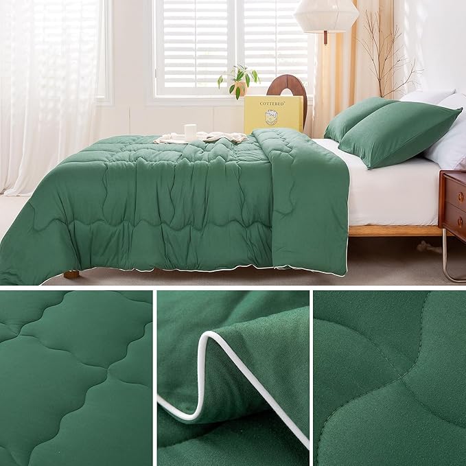 COTTEBED Forest Green Comforter Queen Size, Jersey Knit Cotton T-Shirt Feel Ultra-Soft Cute Cozy Lightweight Bedding Blanket Quilt Down Set & Pillowcase All Season Use Emerald Hunter Green,Full/Queen