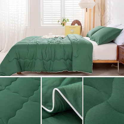 COTTEBED Forest Green Comforter Queen Size, Jersey Knit Cotton T-Shirt Feel Ultra-Soft Cute Cozy Lightweight Bedding Blanket Quilt Down Set & Pillowcase All Season Use Emerald Hunter Green,Full/Queen