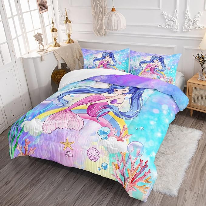 Datura home Kids Mermaid Comforter Set for Girls Women,Cute Mermaid Girl and Rainbow Shell Starfish Printed Pattern Blue Kawaii Bedding Set with 2 Pillowcases(Mermaid Girl Queen)