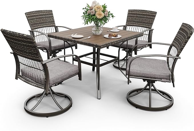 Pamapic 5 Piece Outdoor Dining Set, Rattan Outdoor Patio Furniture Set for Deck Backyard with Plastic-Wood Outdoor Dining Table, 4 Swivel Outdoor Dining Chairs and Removable Cushions (Gray)